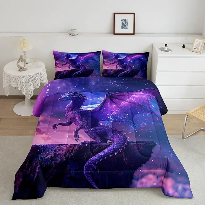Smart 3D Purple Dragon Comforter Set Twin Size al Wild Animal Duvet Insert 2Pcs Galaxy Nebula Starry Sky Fantasy Bedding Set for Kids Boys Girls Room Decor Modern Trippy Quilt Set 1 Pillowcase Breathable