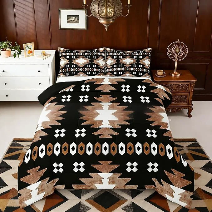 Fashionable Feelyou Boho Comforter Set Queen Size Southwest Native American Design Comforter Southwestern Geometric Bedding Set Western Decor Duvet Set Brown Balck Quilt Set Carefully Designed