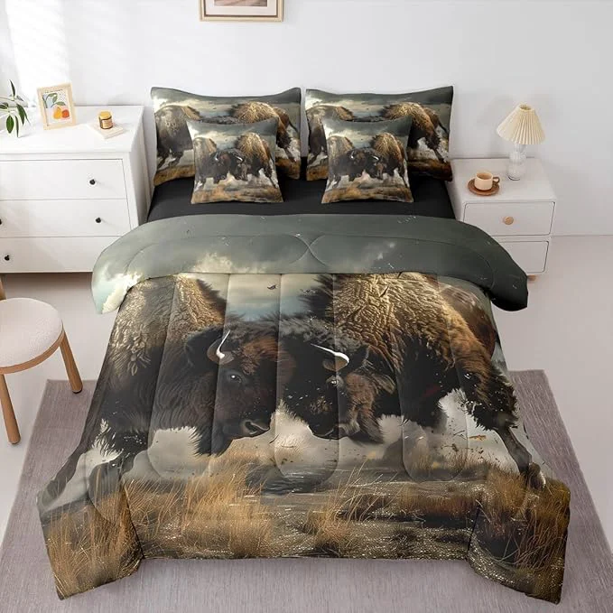 Next-Generation Erosebridal Indian Bison Comforter Set 7 Piece Bed in a Bag Twin Bullfight Competitive Sports Bedding Sets Bull Western Animals Sheet Set with Comforter Easy-to-Use