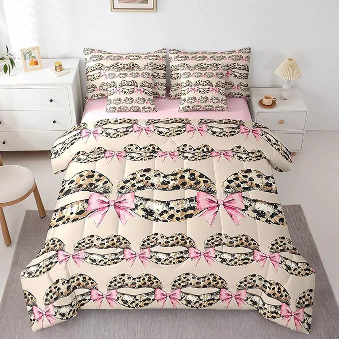 Eco-Friendly jejeloiu Leopard Kiss Lips Bedding Set 7Pcs Queen Size Kids Pink Bow Comforter Set with Sheets for Boys Girls Vintage Bed in a Bag Soft Lightweight Microfiber Relaxed