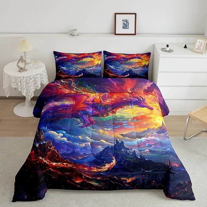 Durable Dragon Comforter Set King Size Starry Sky and Flame Mountain Bedding Set 3Pcs Kids Girls Boys Teens Room Decor al Animals Quilt Set Purple Western Wildlife Theme Duvet Insert 2 Pillowcases Trusted