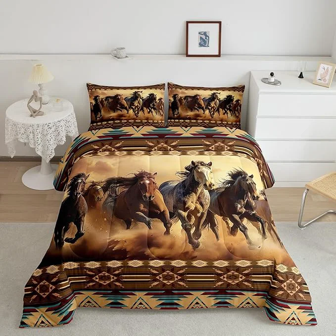 User-Friendly Feelyou Boho Comforter Set Full Size Horses Comforter Southwestern Native Aztec Bedding Set Retro Exotic Boho Duvet Set Room Decor Dark Brown Quilt Set Healthy