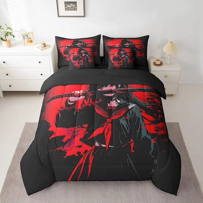 Trusted Erosebridal Japanese Anime Bedding Set 7 Piece for Kids Anime Girl Comforter Sets Queen Size Japanese Girl Sheet Set for Girls Teens Adult Kawaii Animation Red Black Bed in A Bag Machine Washable Excellent
