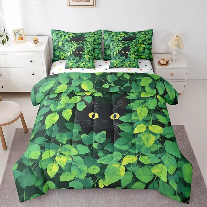 Certified jejeloiu Cute Cat Bedding Set 7Pcs Full Size Kids Kawaii Kitten Comforter Set with Sheets for Boys Girls Green Plant Bed in a Bag Soft Lightweight Microfiber Versatile
