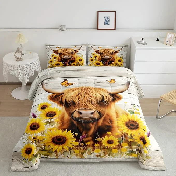Clean Feelyou Highland Cow Comforter Set Toddler Size Highland Cattle Comforter for Boys Girls Teens Animal Bedding Set Wildlife Duvet Set Room Decor Yellow Beige Quilt Set Relaxed