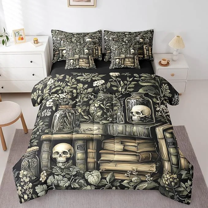 High-Grade jejeloiu Dark Academia Bedding Set 7Pcs Full Size Kids Skull Comforter Set with Sheets for Boys Girls Goth Bed in a Bag Soft Lightweight Microfiber Original