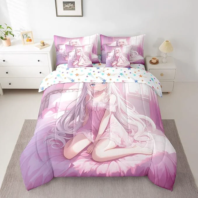 Healthy Erosebridal King Size Japanese Anime 7 Piece Comforter Set Anime Girl Bedding Set Kawaii Japanese Style Bed in A Bag Cartoon Japan Animation Sheet Set for Boys Teen Adult Women Bedroom Pink Environmentally Friendly