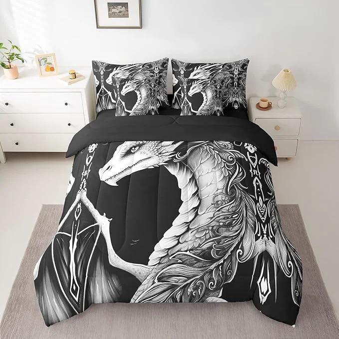 Smart Erosebridal 3D Dragon Bed in a Bag Queen Comforter Set 7 Piece Vintage Gothic Black and White Dragon Bedding Sets Antique Wildlife Mythical Animal Sheet Set with Comforter Easy-to-Use