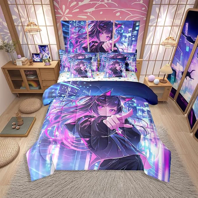 Trendy Erosebridal Kids Anime Girl 7 Piece Comforter Set Queen Bed in A Bag Japanese Anime Bedding Sets Cartoon Girl Sheet Set with Comforter for Boys Teens Adult Kawaii Japanese Animation Bed Sets First-Class