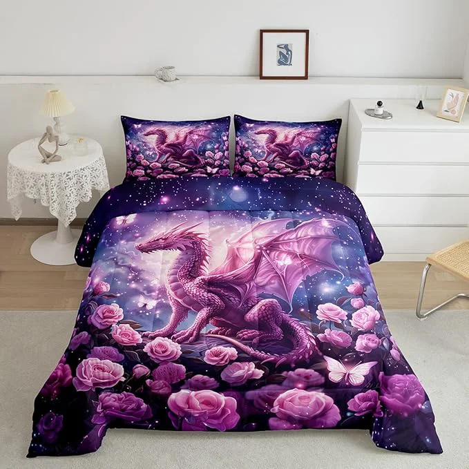 Selected Pink Dragon Comforter Set Queen Size Rose Flower Galaxy Butterfly Bedding Set for Kids Boys Girls Room Decor Glitter Starry Sky Fantasy Duvet Insert 3Pcs Wild Animal Nature Quilt Set 2 Pillowcases Safe