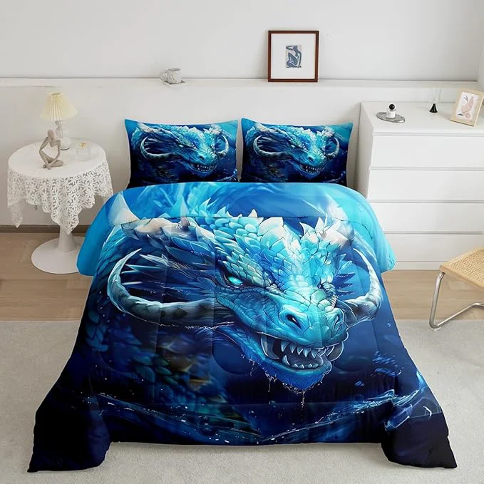 Recyclable Vivid Dragon Comforter Set King Size Gothic Nature Animal Bedding Set for Kids Boys Teens Men Room Decor Western al Dragon Duvet Insert 3Pcs Boho Exotic Wildlife Soft Quilt Set 2 Pillowcases Original Design