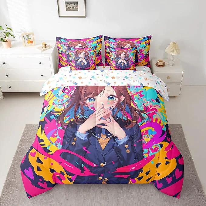 Secure Erosebridal Anime Girl King Bedding Set 7 Piece Japanese Anime Comforter Set for Kids Girls Teens Adult Bedroom Cartoon Girl Comforter Sets with Sheet Kawaii Japanese Animation Bed in A Bag First-Class