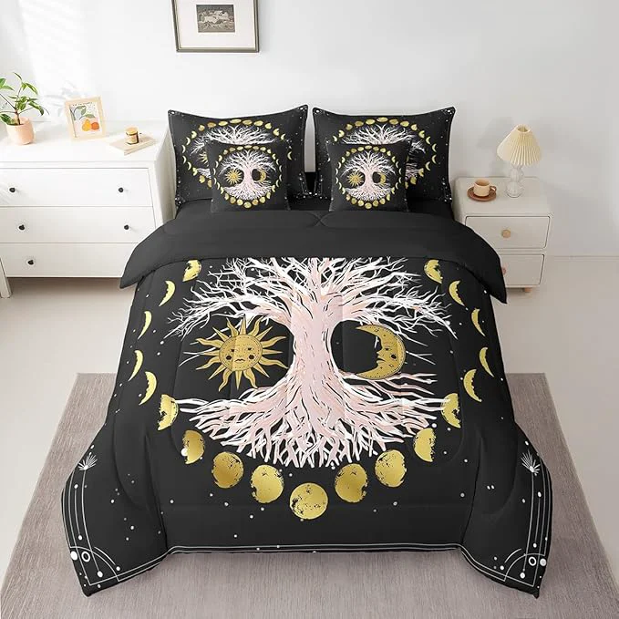Casual Erosebridal Sun and Moon Comforter Set 7 Piece Bed in a Bag Twin Tree of Life Bedding Sets Galaxy Starry Sky Bohemian Sheet Set with Comforter Practical
