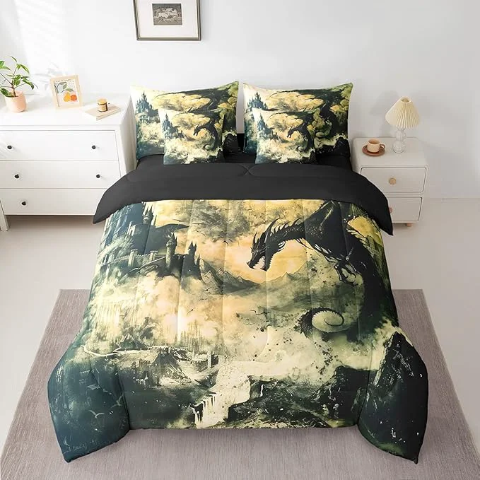 Flexible Erosebridal Gothic Dragon Bed in a Bag Queen Comforter Set 7 Piece Vintage Black Fantasy Castle Bedding Sets Prehistoric Antique Animal Sheet Set with Comforter Stylish