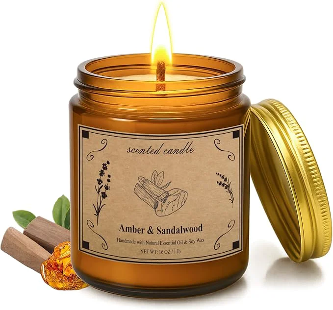 Fine Crafted Scented Candles 16oz Large Jar Soy Wax Candle – Amber Sandalwood Refined