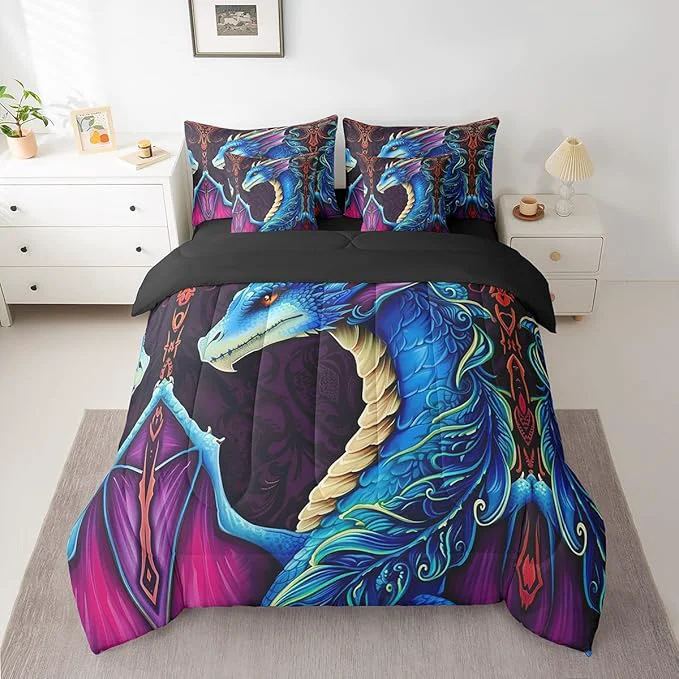 Long-Lasting Erosebridal 3D Dragon Bed in a Bag Queen Comforter Set 7 Piece Vintage Gothic Blue Dragon Bedding Sets Antique Wildlife Mythical Animal Sheet Set with Comforter Organic