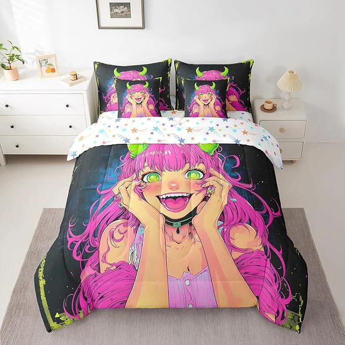 Healthy Erosebridal Anime Girl Bedding Set Full Size 7 Piece Bed in A Bag Japanese Anime Comforter Set for Kids Boys Teens Bedroom Decor Cartoon Girl Sheet Set Kawaii Japanese Animation Bed Set Refined