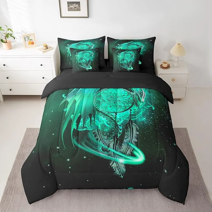 High-Quality Erosebridal Gothic Dragon Dream Catchers 7 Piece Comforter Set Full Bed in a Bag Teal Galaxy Bohemian Feather Bedding Sets Antique Animal Pterosaur Sheet Set with Comforter Classic