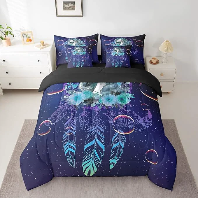 Healthy Unicorn Bed in a Bag Queen Comforter Set 7 Piece Dream Catchers Feather Bedding Sets Dreamy Horse Animal Sheet Set with Comforter Premium