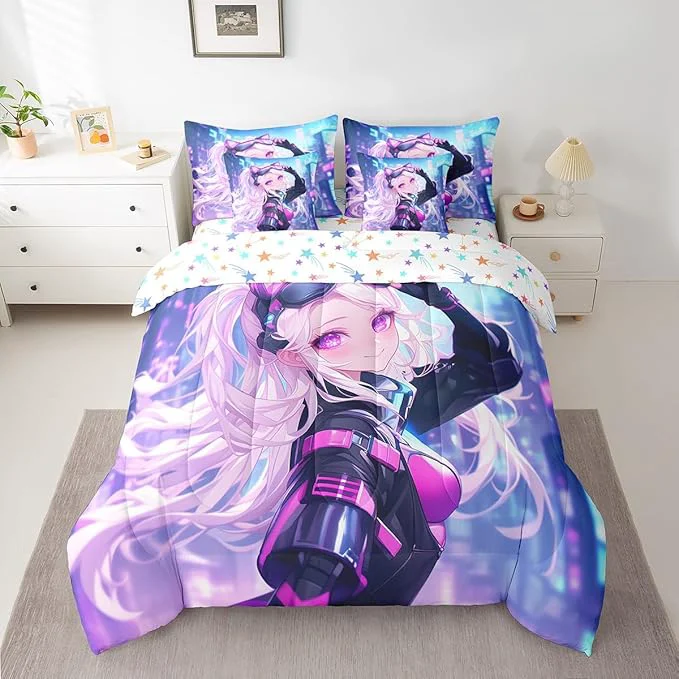 World-Class 7 Piece Girls Japanese Anime Bedding Set Full Kawaii Anime Girl Comforter Sets Cartoon Girl Bed In A Bag For Kids Teens Adult Women Japanese Animation Sci Fi Style Sheet Sets With Comforter Versatile