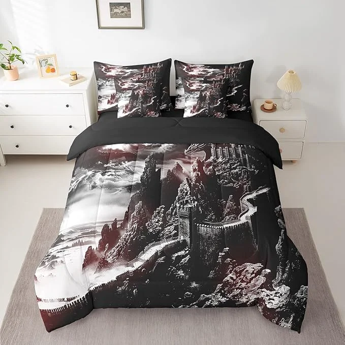 Selected Erosebridal Gothic Dragon Bed in a Bag Queen Comforter Set 7 Piece Fantasy Castle Dark Sky Bedding Sets Vintage Mythical Animal Sheet Set with Comforter Smooth