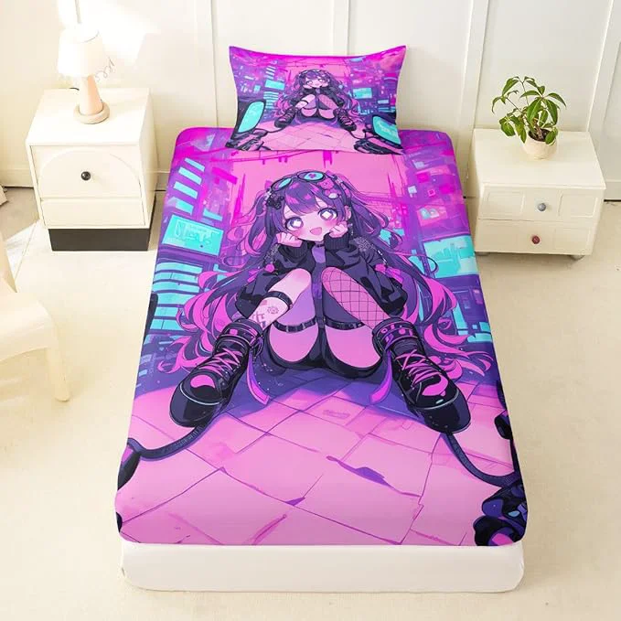 Detailed Erosebridal Fashion Girls Twin Bed Sheets Japanese Girl Fitted Sheet Girly 3D Gaming Kids Bedding Sets Fashion Pink Coquette Sheets with 1 Pillowcase Soft
