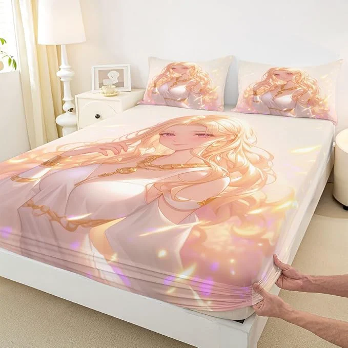 Elegant Erosebridal Kawaii Girly Fitted Sheet 3D Anime Gifts Bed Sheets Japanese Girl Bedding Set for Kids Girls 2 Piece Lady Women Aesthetic Princess Sheets Twin 1 Fitted Sheet 1 Pillowcase Versatile