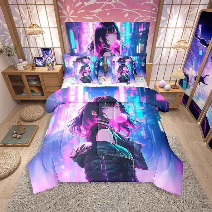 Elegant Erosebridal 7 Piece Anime Girl Comforter Set with Sheet King Size Kawaii Japanese Anime Bedding Set for Kids Boys Teens Adult Women Cartoon Girl Bed in a Bag Japan Animation Bedroom Decor Elite
