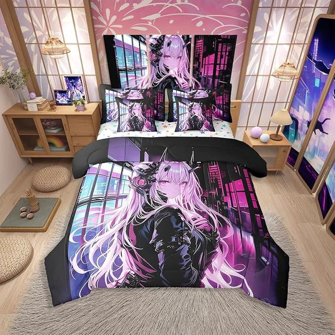 Enhanced Erosebridal Japanese Anime 7 Piece Comforter Set Full Size Anime Girl Bed in A Bag Kawaii Japanese Style Bedding Set Cartoon Japan Animation Bed Set for Boys Teens Adult Women Bedroom Decor Verified