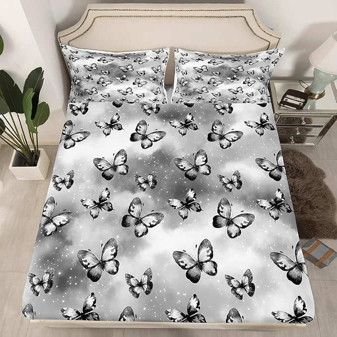 Certified Erosebridal Butterfly Fitted Sheet for Boys Girls Kids Dreamy Coquette Queen Bed Sheets Watercolor Gradient Grey Butterfly Sheets Galaxy Stars Print Bedding Sets No Top Sheet High-End