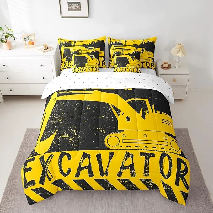 Official Erosebridal Excavator 7 Piece Comforter Set Full Bed in a Bag Construction Vehicle Bedding Sets Big Wheel Car Sheet Set with Comforter Original Design