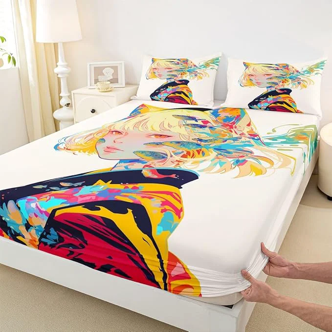 Environmentally Friendly 3D Anime Bed Sheets Japanese Girl Style Bed Set Queen for Cartoon Fans Fitted Sheet Kawaii Anime Design Pattern Sheets with 2 Pillow Cases Anime Gifts for Girls Anime Lover Consistent