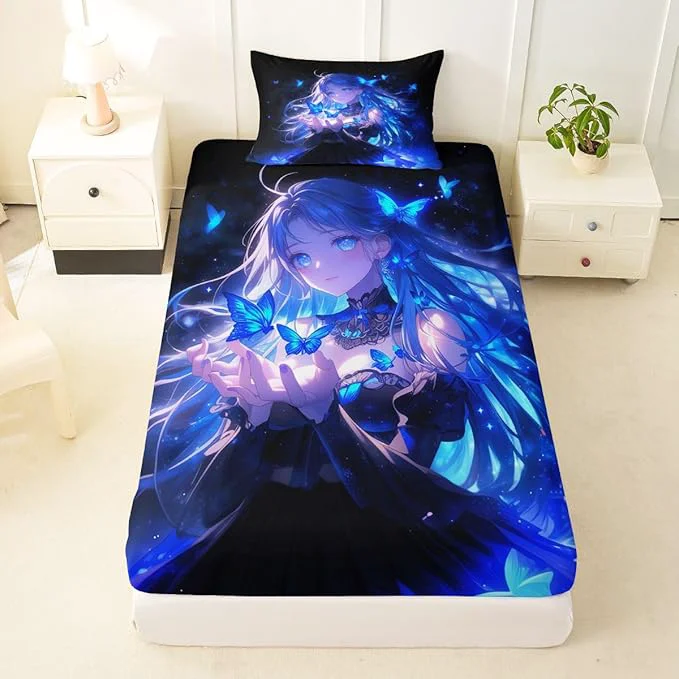 Classic Erosebridal 3D Japanese Girl Fitted Sheet for Boys Girls Kids Blue Butterfly Decorations Twin Bed Sheets Cartoon Sheets Anime Gifts for Her Bedding Sets No Top Sheet Efficient