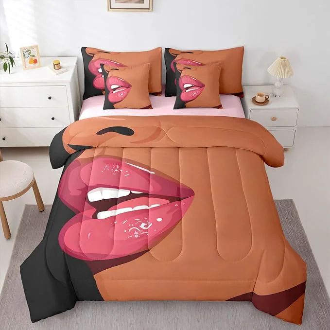 Classic Erosebridal Black Girls Pink Comforter Sets 7 Piece for Kids African Black Women Queen Sheet Set Vogue Fashion Gorgeous Bedding Set for Girls Women Teens Minimalist Romantic Makeup Bed in A Bag Modern