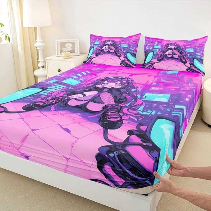 Efficient Erosebridal Fashion Girls Queen Bed Sheets Japanese Girl Fitted Sheet Girly 3D Gaming Kids Bedding Sets Fashion Pink Coquette Sheets with 2 Pillowcases Superior