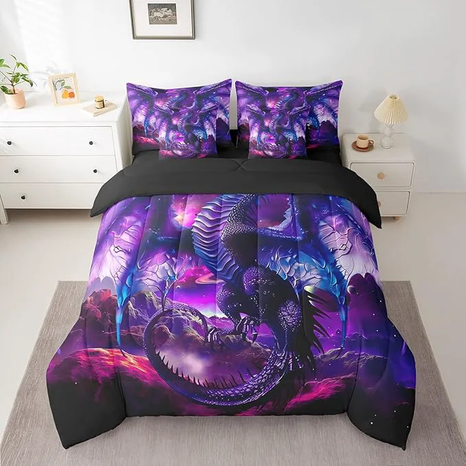Trendy Erosebridal Dragon Bed in a Bag Queen Comforter Set 7 Piece Vintage Dreamy Blue Dragon Wings Bedding Sets Prehistoric Mythical Animal Sheet Set with Comforter Safe
