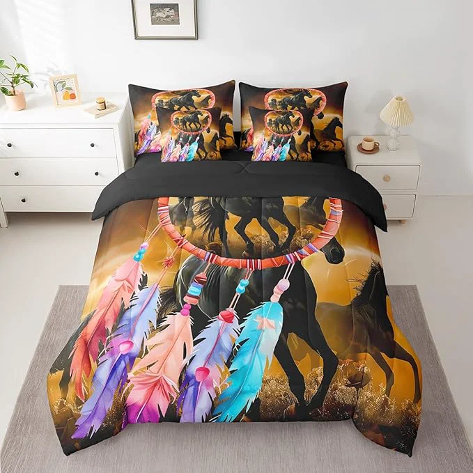 Breathable Erosebridal Horse Bed in a Bag King Size Comforter Set 7 Pieces Dream Catchers Feather Bedding Sets Western Animals Sheet Set with Comforter Quality
