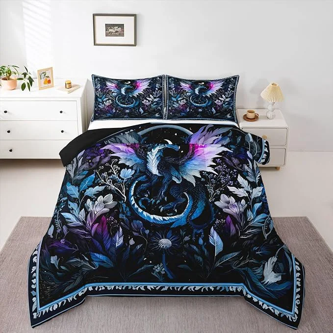Efficient Feelyou Dragon Bedding Set Soft for Boys Girls Wild Life Comforter Set Full Size Jungle Dragon Duvet Quilt Microfiber Wild Animal Bedroom Decor Dark Blue 3 Pcs with 2 Pillow Cases Advanced