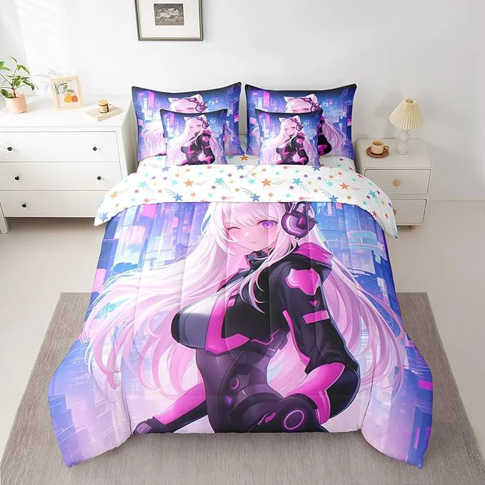 Artisan Erosebridal Full Anime Girl Bedding Set 7 Piece Kawaii Japanese Anime Comforter Sets Cartoon Girl Sheet Set Sci Fi Style Japanese Animation Bed in A Bag for Kids Girls Teens Adult Women Room Premium Material