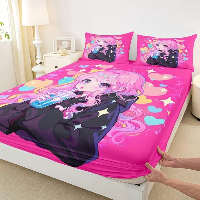 Specialty Erosebridal Preppy Girls Sheets for Boys Girls Kawaii Japanese Girl Drinking Water Fitted Sheet Coquette Girl with Colorful Curly Hair Kids Bedding Sets Pink Anime Gifts Bed Sets Full 3 Piece Safe