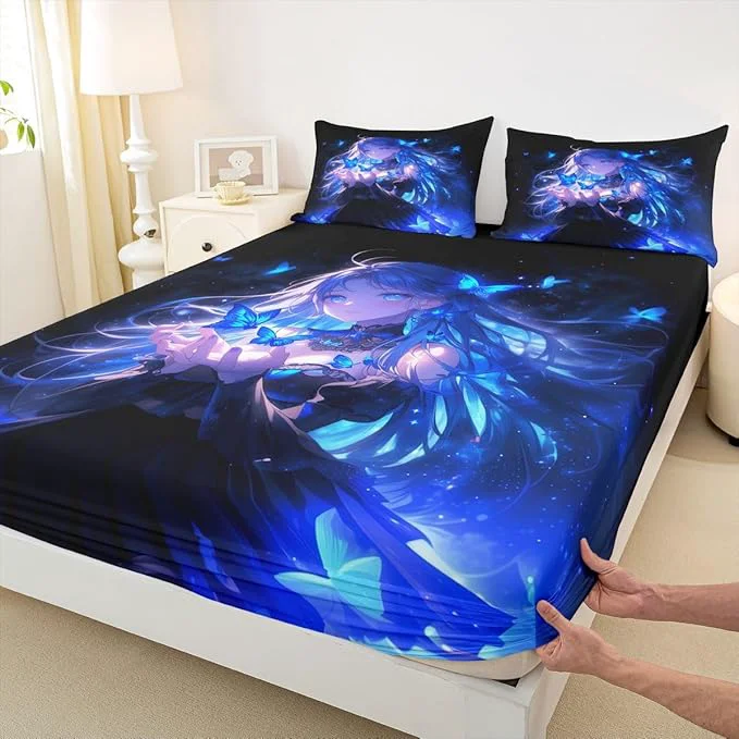 Stylish Erosebridal 3D Japanese Girl Fitted Sheet for Boys Girls Kids Blue Butterfly Decorations Full Bed Sheets Cartoon Sheets Anime Gifts for Her Bedding Sets No Top Sheet Crafted