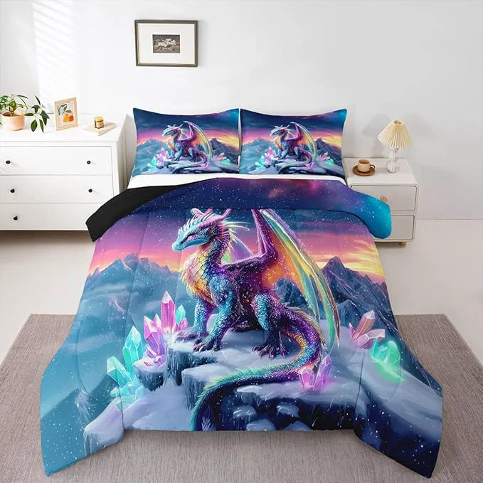 Dependable Feelyou Dragon Kids Comforter Set Twin Size Dragon Stuff Bedding Set Wild Life Duvet Quilt for Kids Boys Girls Bedroom Wildlife Decor Purple Bluish Microfiber Ultra Soft Breathable User-Friendly
