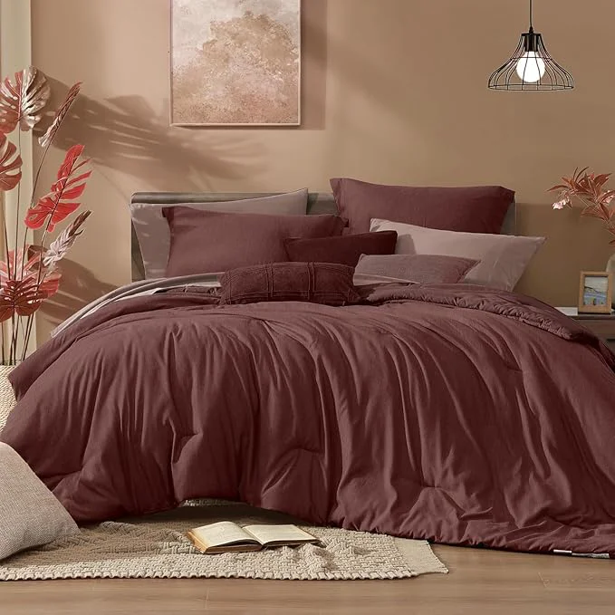 World-Class Monbix California King Comforter Set – 7 Pieces Cationic Dyeing Dark Red Bed in a Bag Cal King Bedding Sets with Comforter Sheets Pillowcases amp Shams Reversible Bedding Comforters Sets First-Class