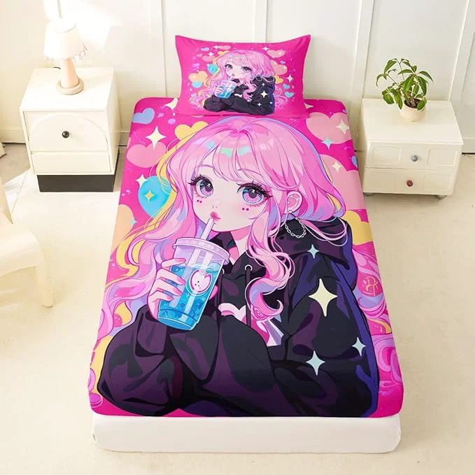 Fashionable Erosebridal Preppy Girls Sheets for Boys Girls Kawaii Japanese Girl Drinking Water Fitted Sheet Coquette Girl with Colorful Curly Hair Kids Bedding Sets Pink Anime Gifts Bed Sets Twin 2 Piece High-Grade