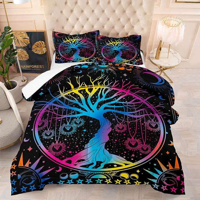 Detailed NINENINE Tree of Life Bedding Sets Queen Sun and Moon Comforter Set Gothic Bohemian Comforter Set for Kids Boys Girls Galaxy Stars Mandala Tribal Bed Set with 1 Comforter 2Pillowcases… Environmentally Friendly