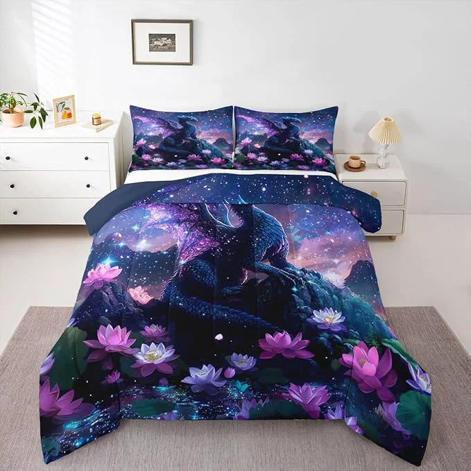 Official Feelyou Dragon Kids Comforter Set Twin Size Dragon Stuff Bedding Set Wild Life Duvet Quilt for Kids Boys Girls Bedroom Wildlife Decor Blue Purply Ultra Soft Breathable Elite
