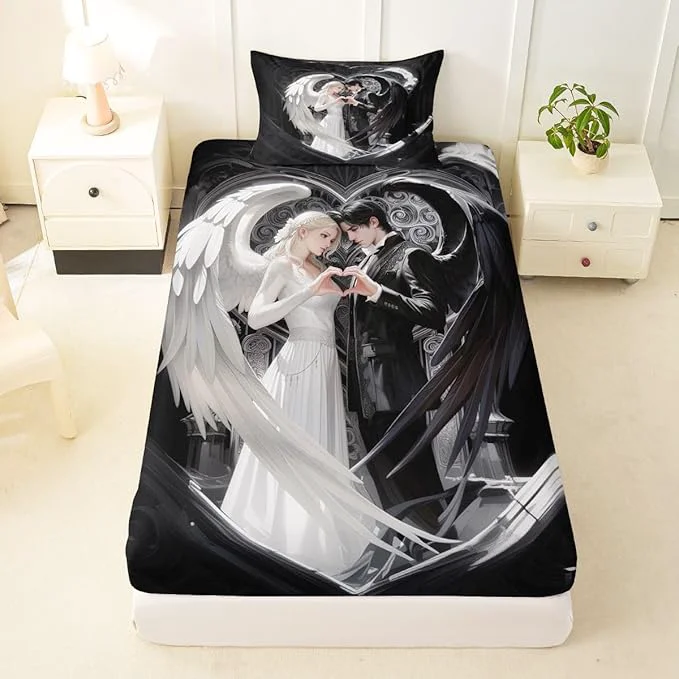 High-Quality Erosebridal Angel Wings Sheets for Boys Girls Black and White Angel Fitted Sheet Romance Love Kids Bedding Sets Princess Fairy Style Bed Sets Twin 2 Piece First-Class