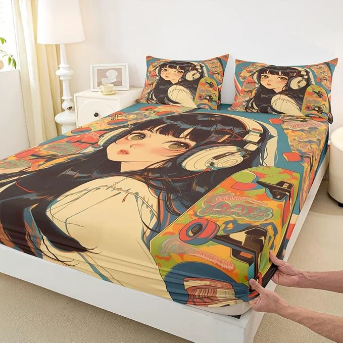Quality Erosebridal 3Pcs Anime Bedding Set Fashion Street Girls Fitted Sheet 3D Cartoon Printed Comfortable Soft Bed Sheets for Kids Boys Girls Teens Tattoo Watercolor Art Japanese Style Sheets Queen Size High-Quality