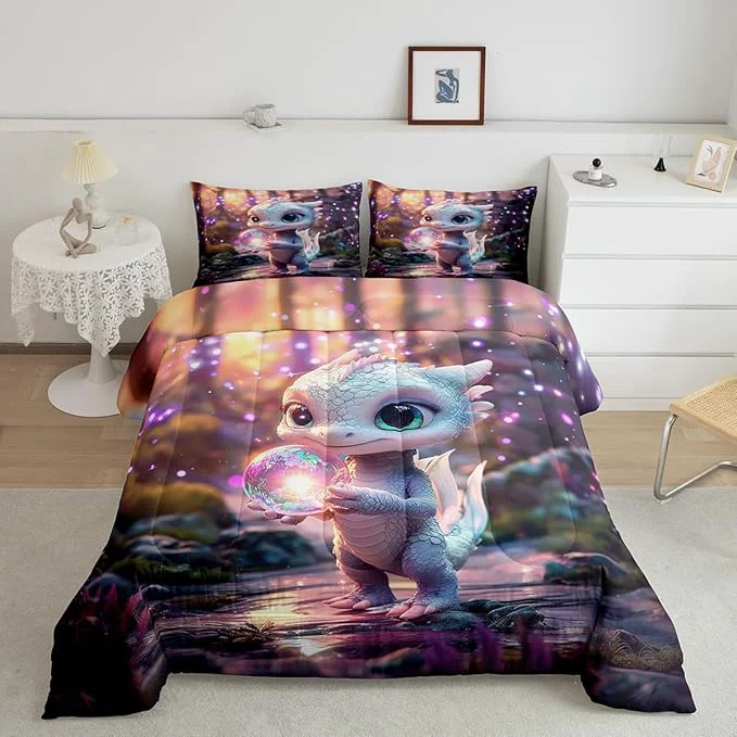 Superior Feelyou Dragon Comforter Set Queen Size Cute Comforter for Boys Girls Teens Wild Life Bedding Set Dragon Decor Duvet Set Room Decor Pink Purple Quilt Set Relaxed