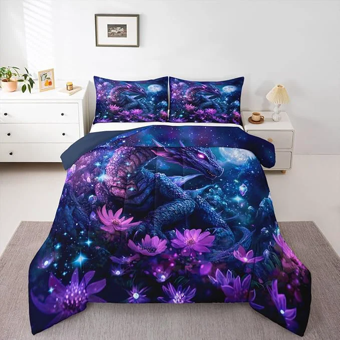 Specialty Feelyou Dragon Comforter Set All Season Dragon Stuff Bedding Set with 1 Pillow Cases Wild Life Kids Toddler Bedclothes Wildlife Bedroom Decor Purple and Blue Duvet Quilt Breathable Soft Selected